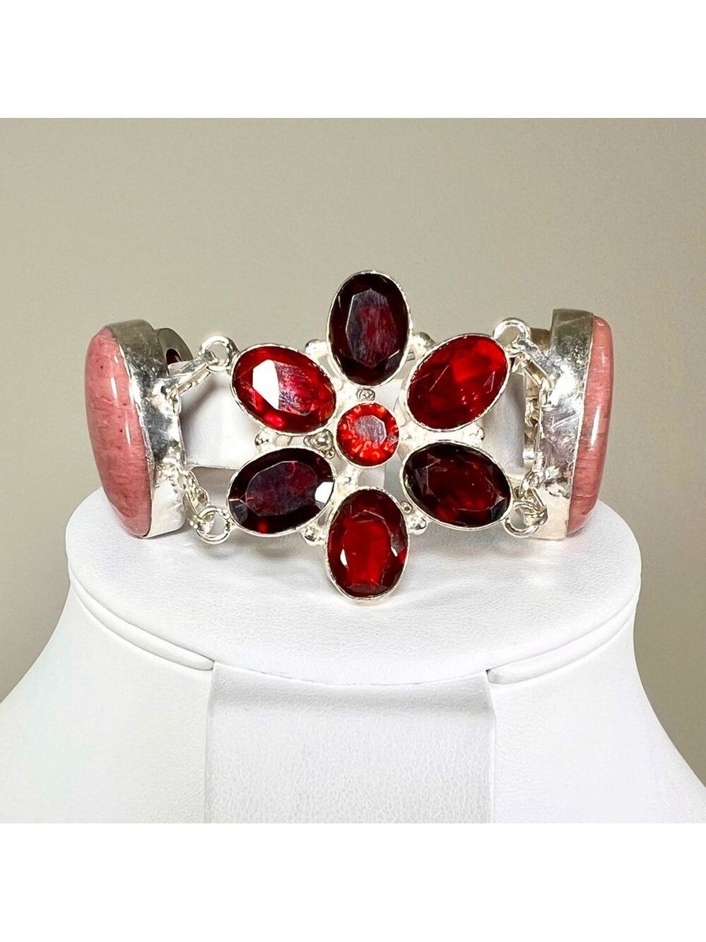 Mookaite & Garnet 925 🌸 Flower Design Large Gemstone Bracelet